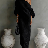 One-Shoulder Maxi Dress with Draped Front and Three-Quarter Sleeves