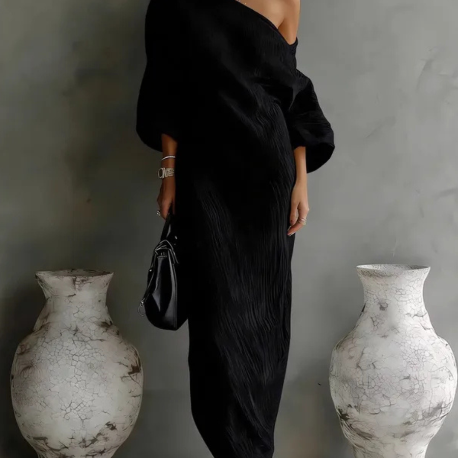 One-Shoulder Maxi Dress with Draped Front and Three-Quarter Sleeves