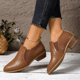 Women's Ankle Boots with Crocodile Embossed Finish Pointed Toe and Low Block Heel