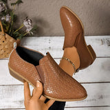 Women's Ankle Boots with Crocodile Embossed Finish Pointed Toe and Low Block Heel