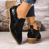 Women's Ankle Boots with Crocodile Embossed Finish Pointed Toe and Low Block Heel