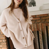 Oversized Ribbed Knit Cardigan with V-Neck and Button Front