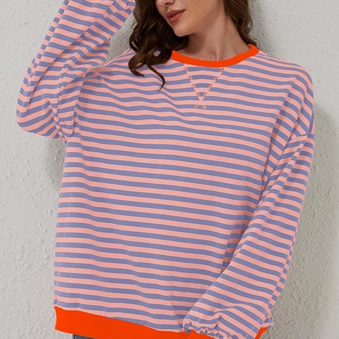 Striped Oversized Sweater with Contrast Trim