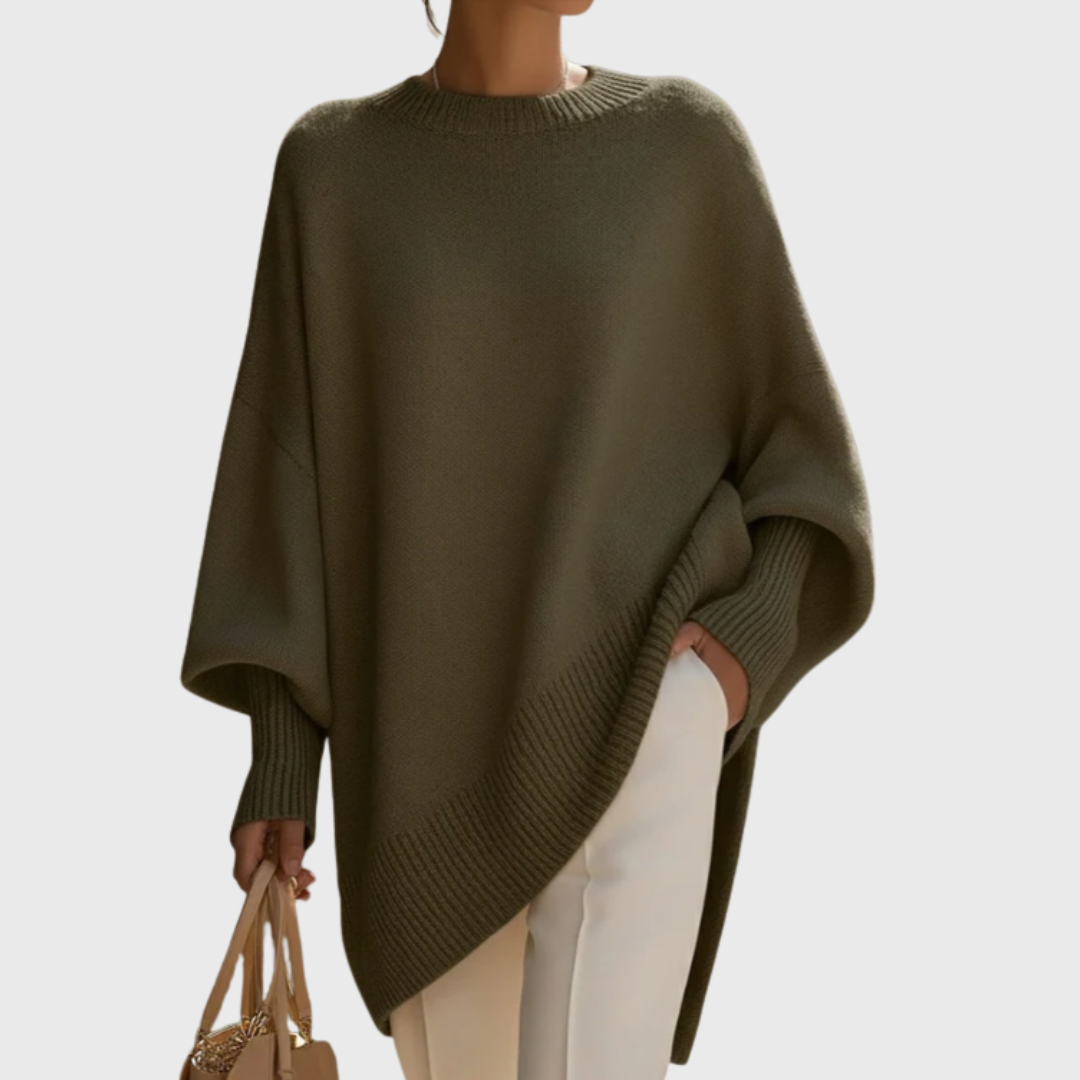 Oversized Poncho Sweater with Asymmetric Hem