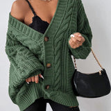 Women's Chunky Cable Knit Cardigan with Button Front and Balloon Sleeves