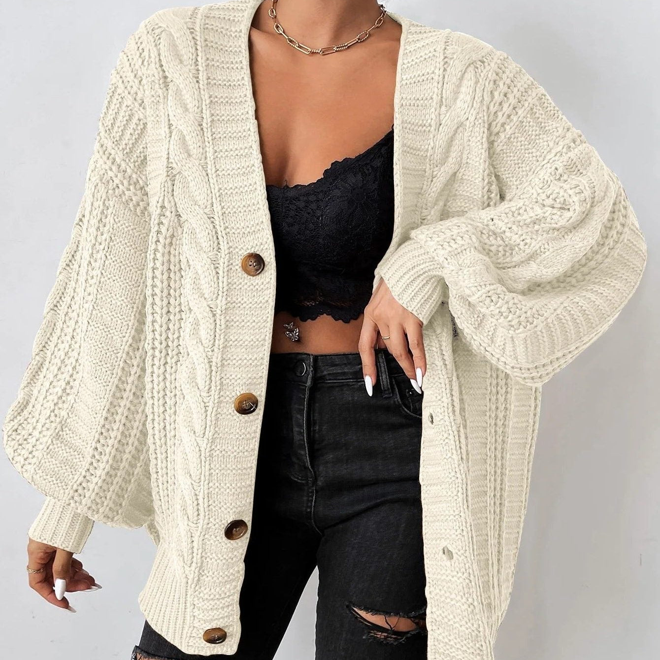 Women's Chunky Cable Knit Cardigan with Button Front and Balloon Sleeves