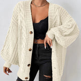 Women's Chunky Cable Knit Cardigan with Button Front and Balloon Sleeves
