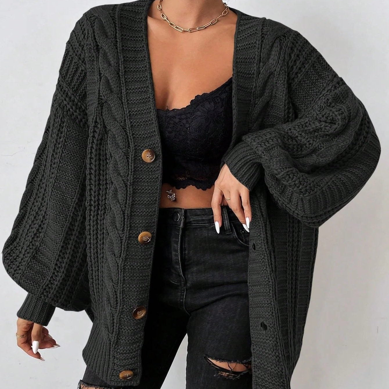 Women's Chunky Cable Knit Cardigan with Button Front and Balloon Sleeves