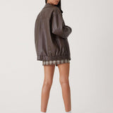Women's Faux Leather Look Bomber Jacket with Front Zipper and Elasticated Hem