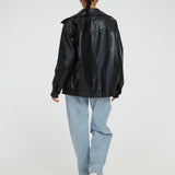 Women's Faux Leather Look Bomber Jacket with Front Zipper and Elasticated Hem