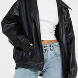 Women's Faux Leather Look Bomber Jacket with Front Zipper and Elasticated Hem