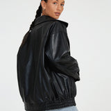 Women's Faux Leather Look Bomber Jacket with Front Zipper and Elasticated Hem