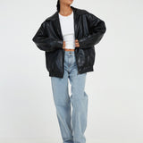 Women's Faux Leather Look Bomber Jacket with Front Zipper and Elasticated Hem