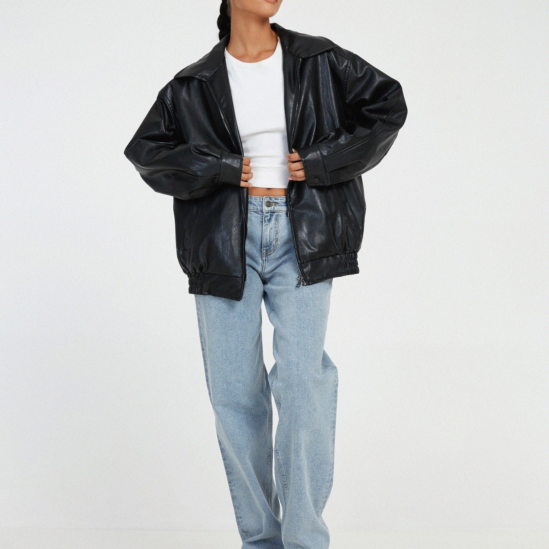 Women's Faux Leather Look Bomber Jacket with Front Zipper and Elasticated Hem