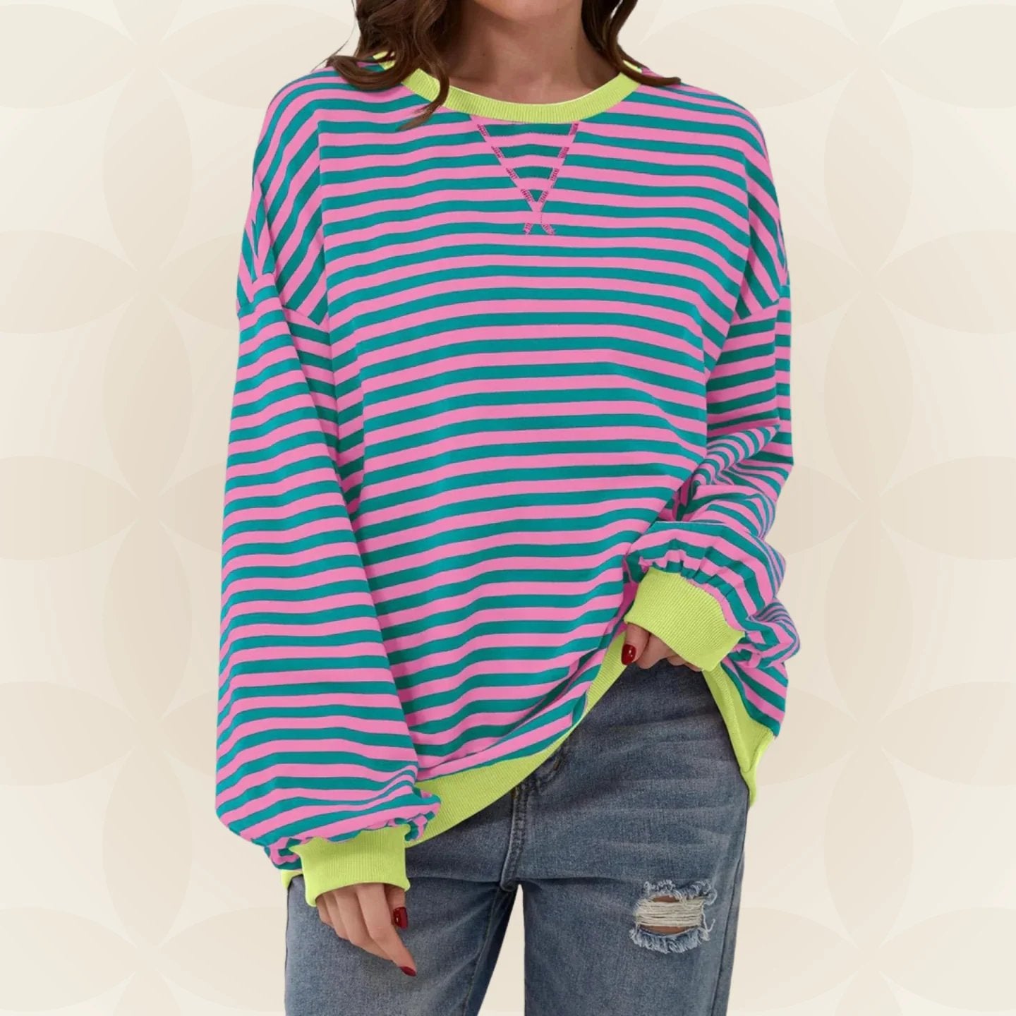 Women's Oversized Sweater with Horizontal Stripes and Crew Neck