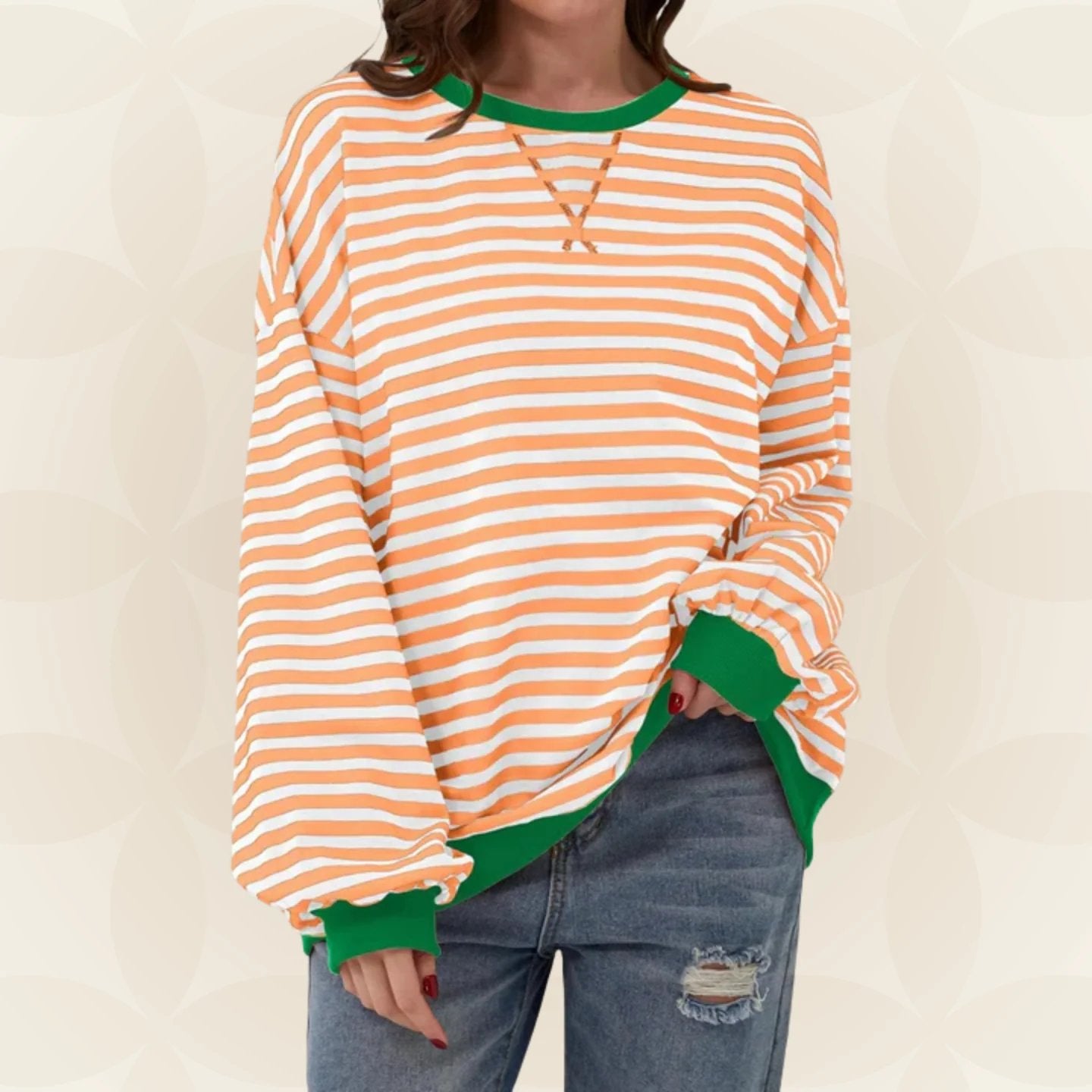 Women's Oversized Sweater with Horizontal Stripes and Crew Neck