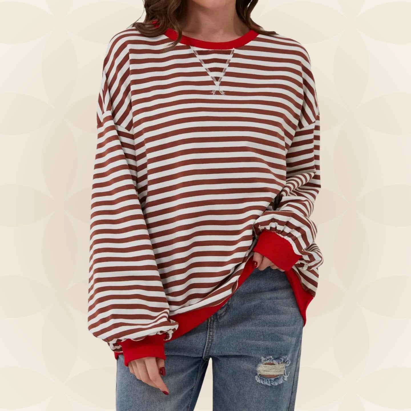 Women's Oversized Sweater with Horizontal Stripes and Crew Neck