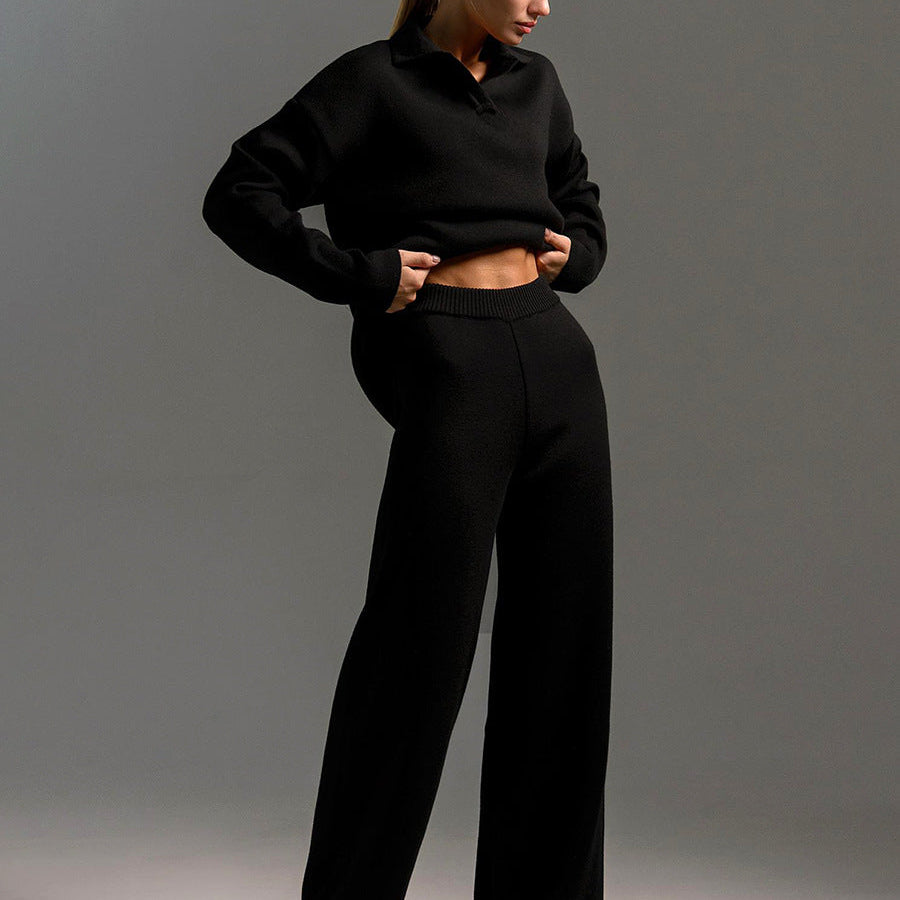 Oversized Polo Sweater and Wide-Leg Pants Set