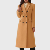 Women's Long Coat with Double Breasted Buttons and Notched Lapel Collar