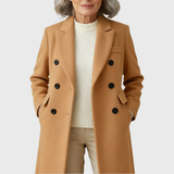 Women's Long Coat with Double Breasted Buttons and Notched Lapel Collar
