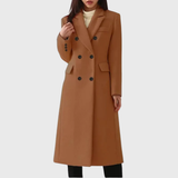 Women's Long Coat with Double Breasted Buttons and Notched Lapel Collar