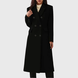 Women's Long Coat with Double Breasted Buttons and Notched Lapel Collar