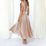 Satin Pleated Flare Midi Dress with Cap Sleeves