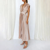Satin Pleated Flare Midi Dress with Cap Sleeves