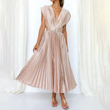 Satin Pleated Flare Midi Dress with Cap Sleeves