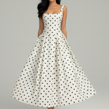Polka Dot A-Line Midi Dress with Square Neck and Wide Straps