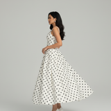 Polka Dot A-Line Midi Dress with Square Neck and Wide Straps