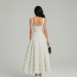 Polka Dot A-Line Midi Dress with Square Neck and Wide Straps