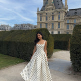 Polka Dot A-Line Midi Dress with Square Neck and Wide Straps