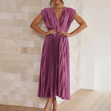 Satin Pleated Flare Midi Dress with Cap Sleeves