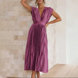 Satin Pleated Flare Midi Dress with Cap Sleeves