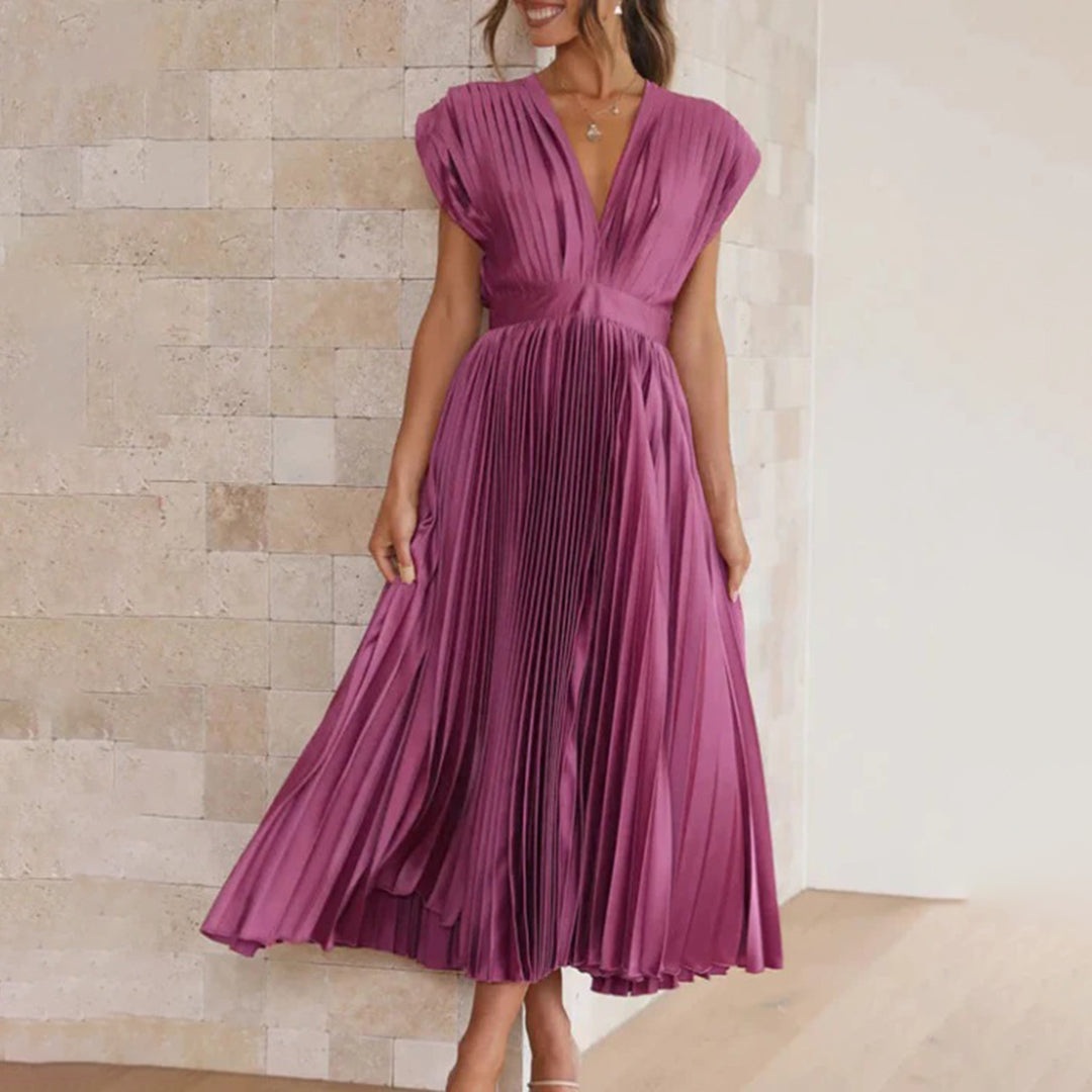 Satin Pleated Flare Midi Dress with Cap Sleeves