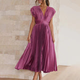 Satin Pleated Flare Midi Dress with Cap Sleeves