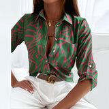 Button-Up Blouse with Geometric Print and Roll Up Sleeve