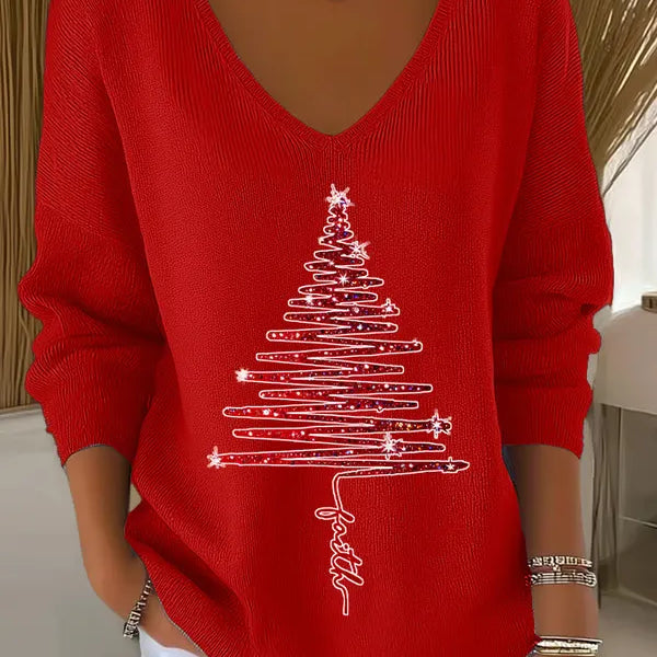 Christmas Sweater for Women V Neck Knit Pullover with Christmas Tree Print and Long Sleeves for Holiday Season