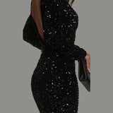 Sequin Bodycon Mini Dress with Round Neck and Long Sleeves