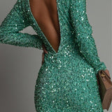 Sequin Bodycon Mini Dress with Round Neck and Long Sleeves