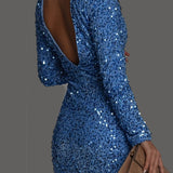 Sequin Bodycon Mini Dress with Round Neck and Long Sleeves