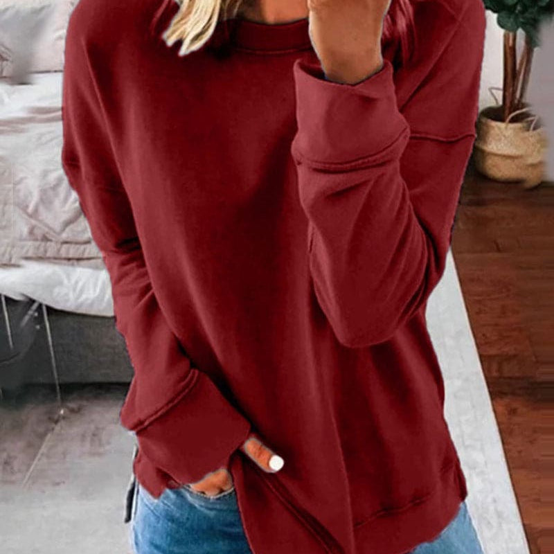 Women's Oversized Sweater with Crew Neck Long Sleeves and Curved Hem
