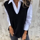 Women's V Neck Sweater Vest with Ribbed Trim and Pointed Hem