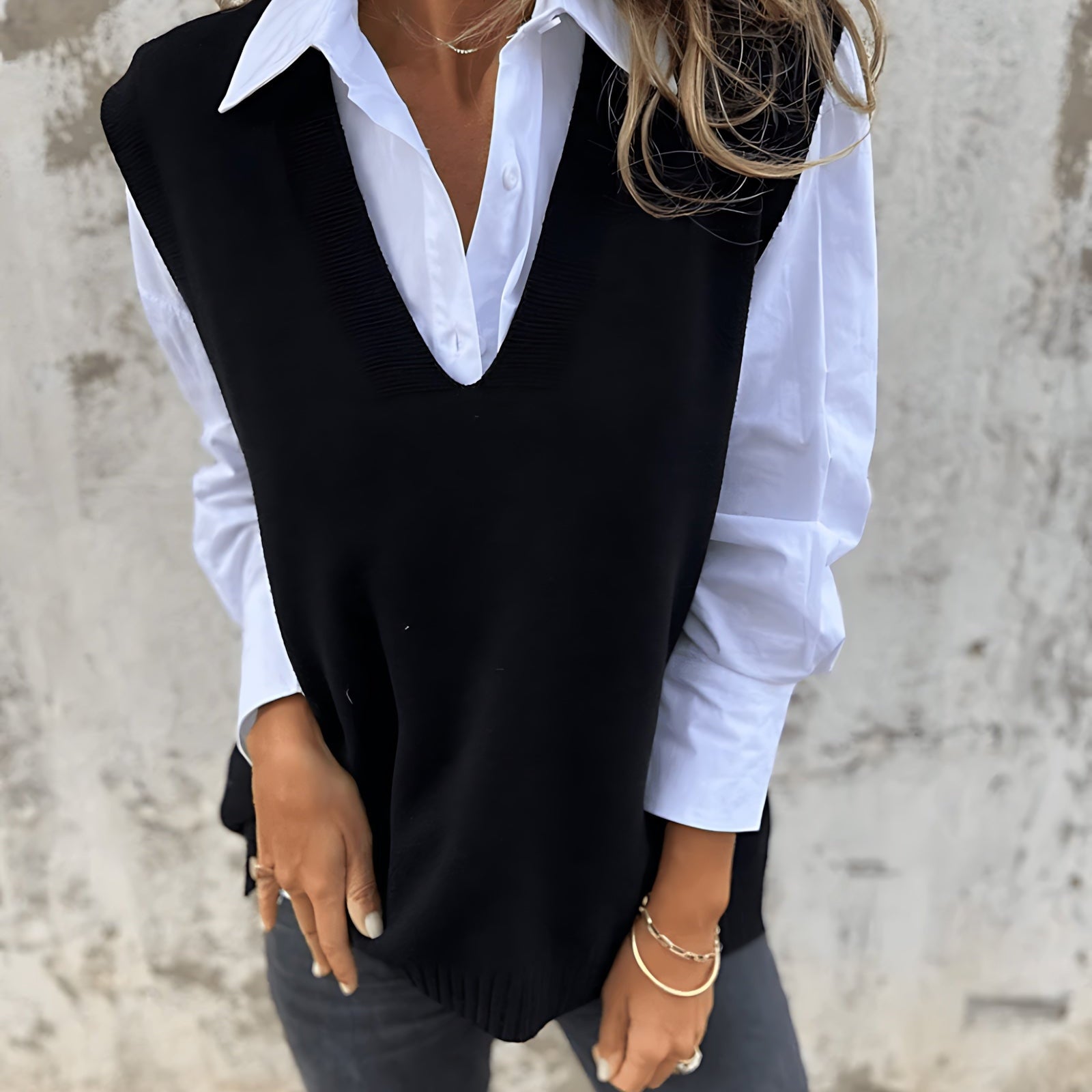 Women's V Neck Sweater Vest with Ribbed Trim and Pointed Hem