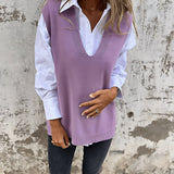 Women's V Neck Sweater Vest with Ribbed Trim and Pointed Hem