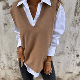 Women's V Neck Sweater Vest with Ribbed Trim and Pointed Hem