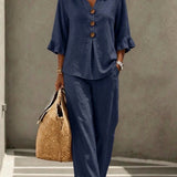 Women's Two Piece Pants Set with Ruffle Sleeve Button Front Top and Wide Leg Pants