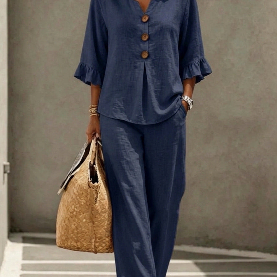 Women's Two Piece Pants Set with Ruffle Sleeve Button Front Top and Wide Leg Pants