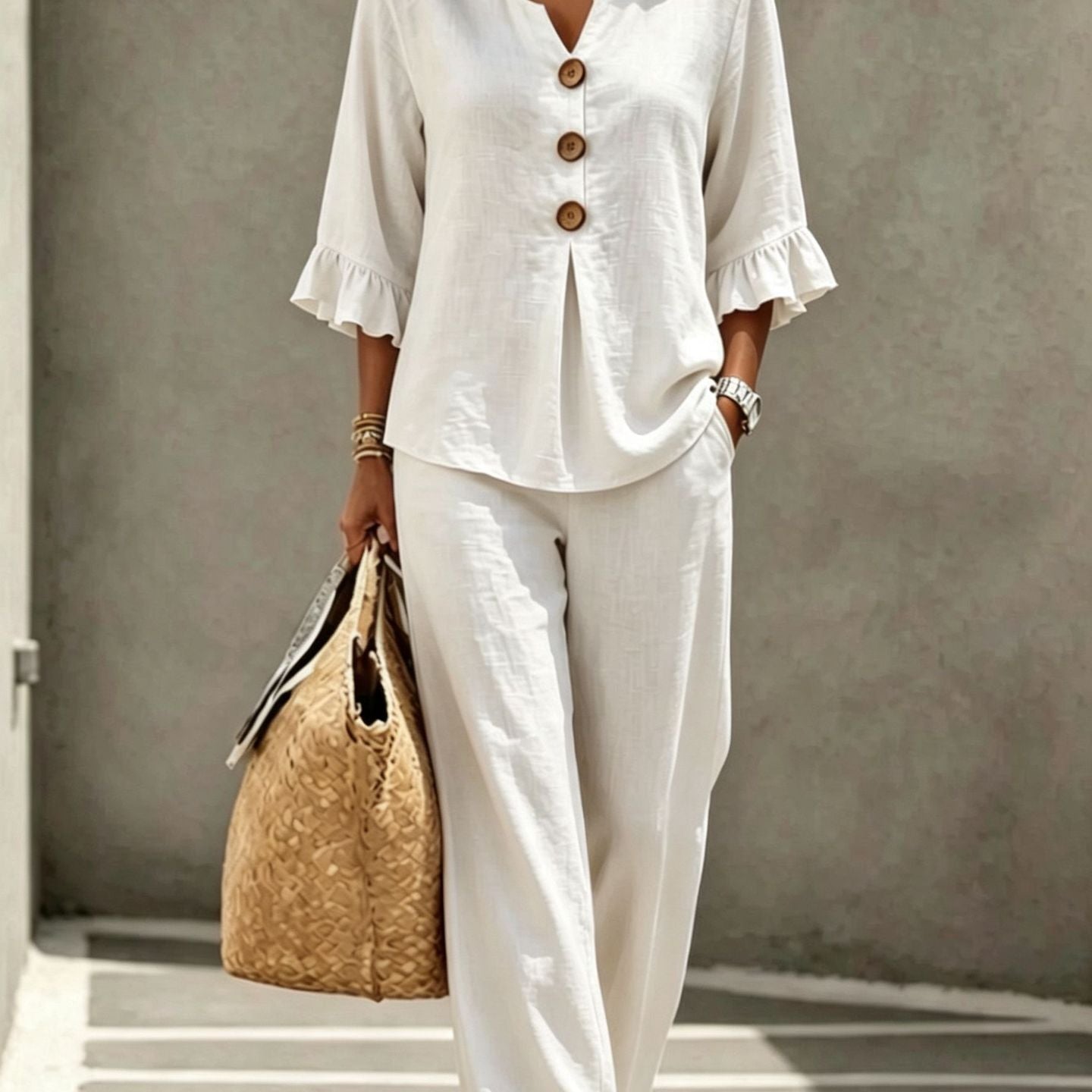 Women's Two Piece Pants Set with Ruffle Sleeve Button Front Top and Wide Leg Pants